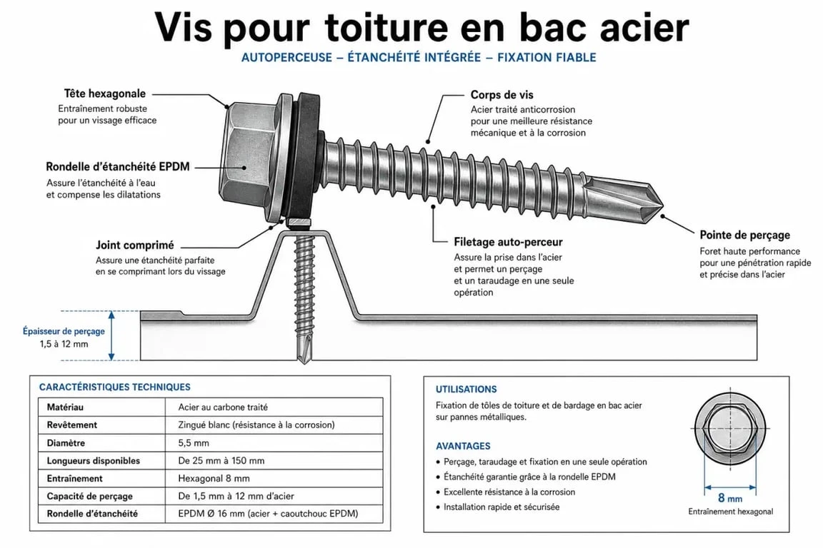 Schéma technique d'une vis pour tôle avec rondelle d'étanchéité EPDM pour toiture bac acier