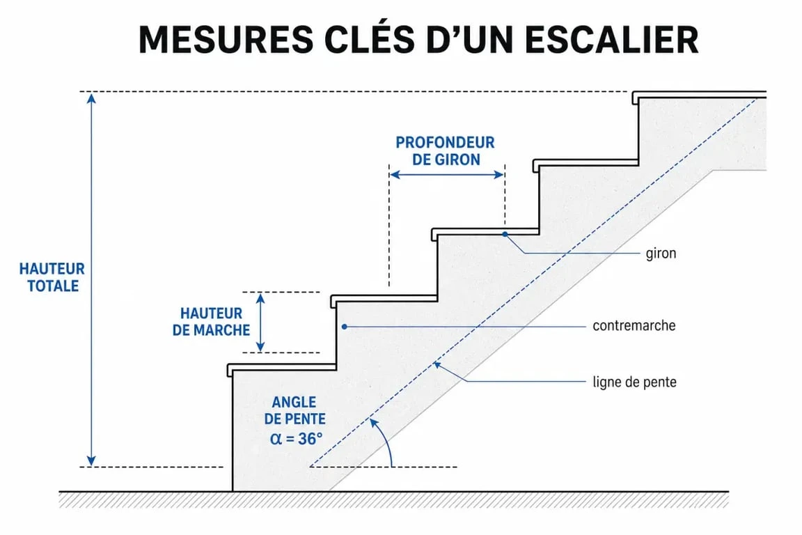 Schéma technique des dimensions pour fabriquer un escalier en métal selon la formule de Blondel
