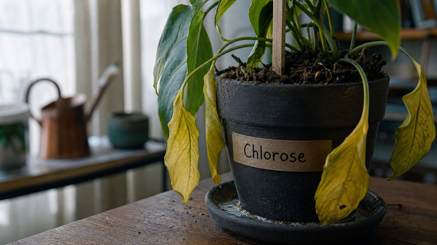 Feuille jaunissent sur plante en pot, terre humide et excès d’eau