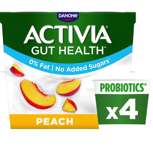Activia Peach No Added Sugar Fat Free Yogurt 0% Fat Gut Health (4 x 115g)