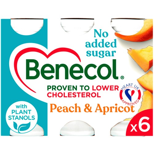 Benecol Peach & Apricot No Added Sugar Yogurt Drink Cholesterol Lowering (6 x 67.5g)