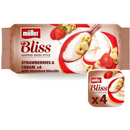 Muller Bliss Whipped Greek Style Yogurt Strawberries & Cream (4 x 100g)