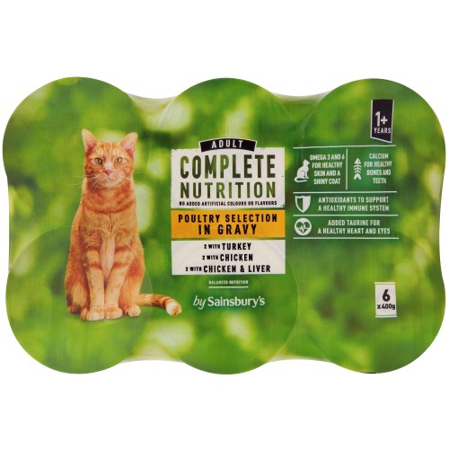 Sainsbury's Adult Complete Nutrition Poultry Selection in Gravy Cat Food 1+ Years (6 x 400g)