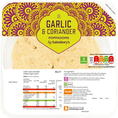 Sainsbury's Garlic & Coriander Poppadoms (80g)