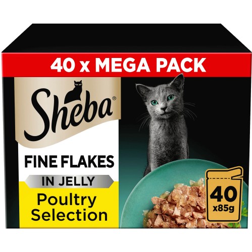 Sheba Fine Flakes Cat Food Pouches Poultry Selection in Jelly Mega Pack (40 x 85g)
