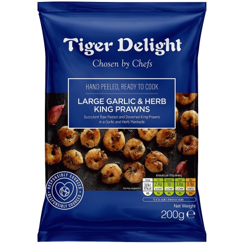 Tiger Delight Large Garlic & Herb Marinated King Prawns (200g)
