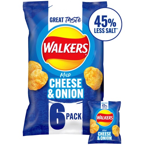 Walkers Less Salt Mild Cheese & Onion Multipack Crisps (6 x 25g)
