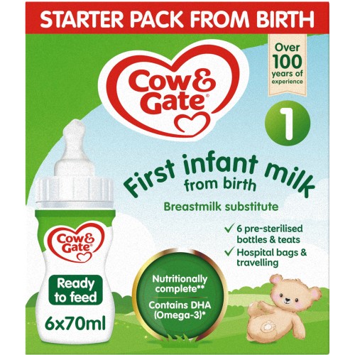 Cow & Gate 1 First Baby Milk Formula Liquid Starter Pack from Birth 6x6x70ml (6 x 70ml)