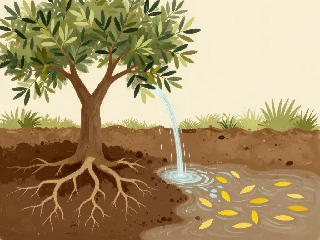 feuille jaune olivier, arrosage, sol et drainage sains abordés en illustration