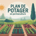 illustration plan de potager permaculture zones légumes arbres mare compost