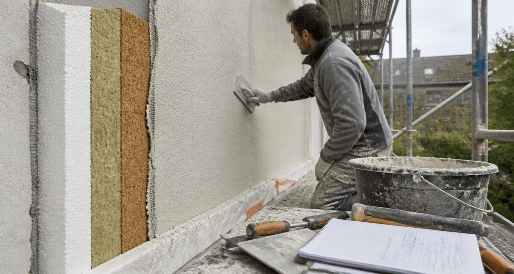 Ouvrier applique crepi isolant sur mur exterieur