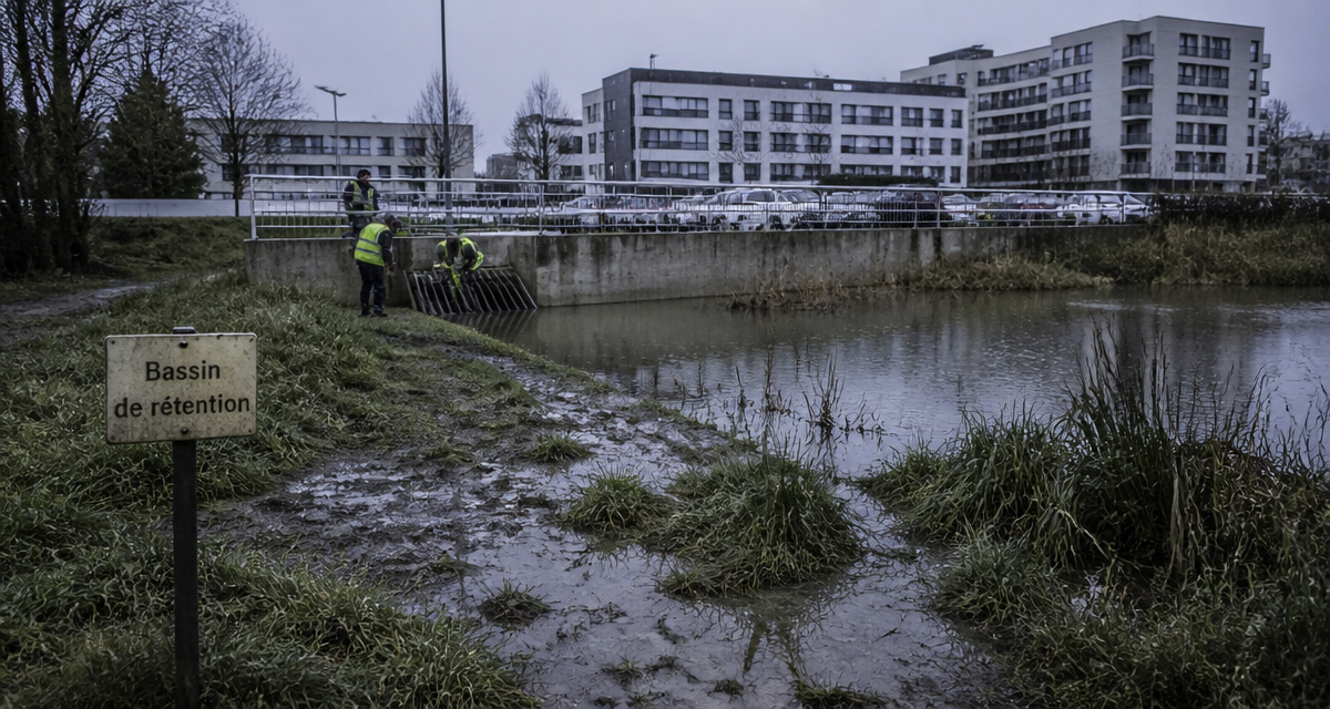 bassin de rétention en ville après forte pluie