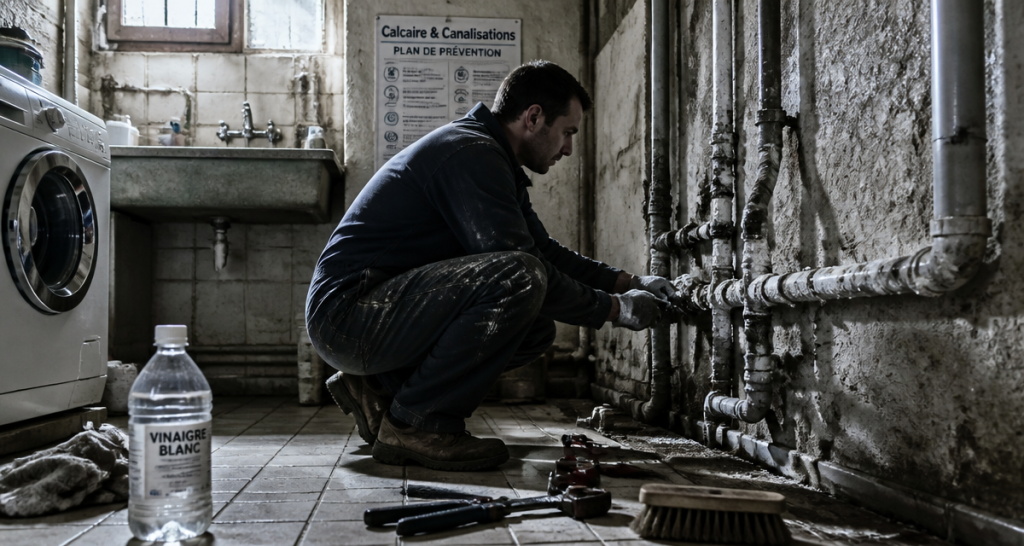 canalisation bouchée par le calcaire dans une buanderie