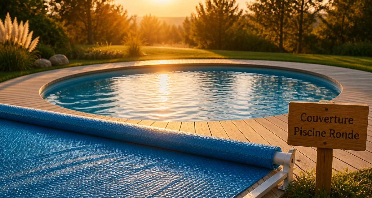 couverture piscine ronde bleue sur terrasse en bois