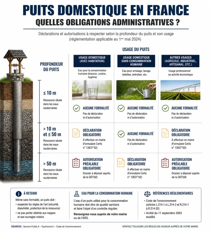 Infographie des obligations administratives pour l'achat d'une maison avec puits non déclaré