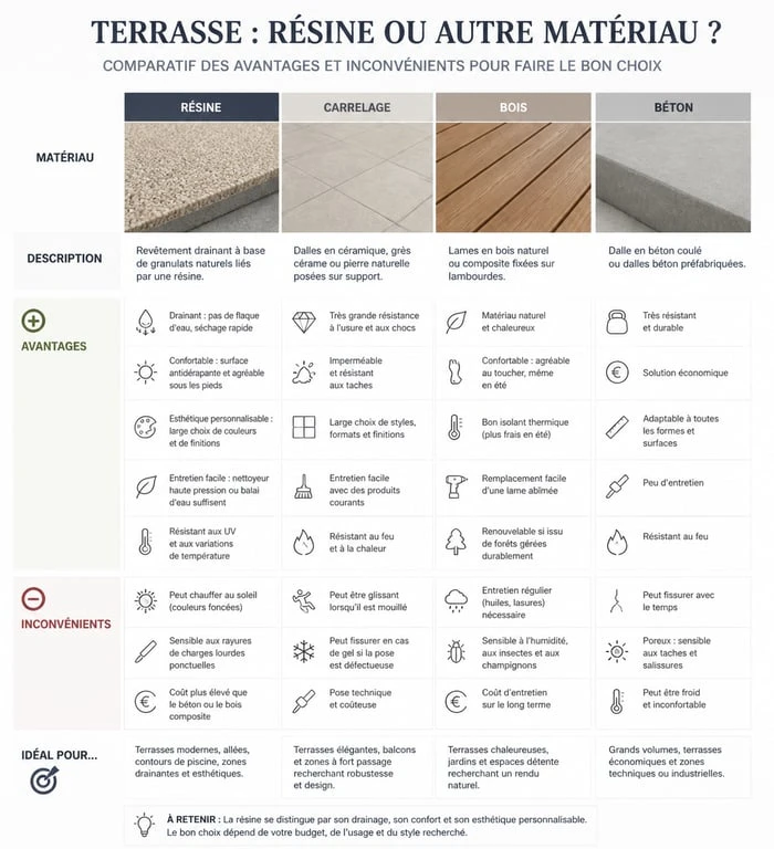 Tableau comparatif des avantages et inconvénients d'une terrasse en résine par rapport aux autres matériaux