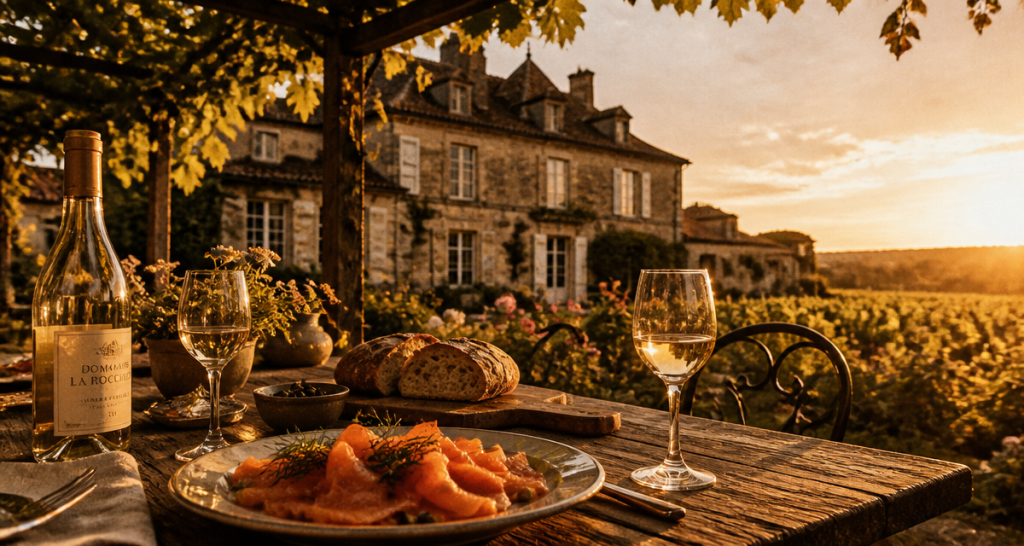 maison bardé bastide pierre table saumon vin