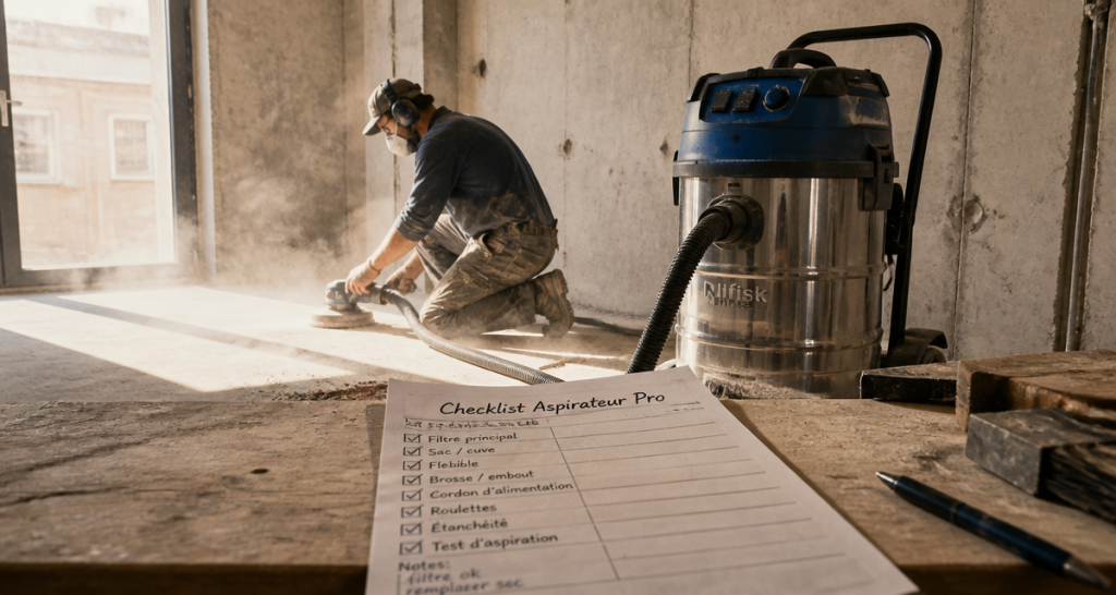 meilleur aspirateur de chantier professionnel utilisé avec ponceuse sur chantier