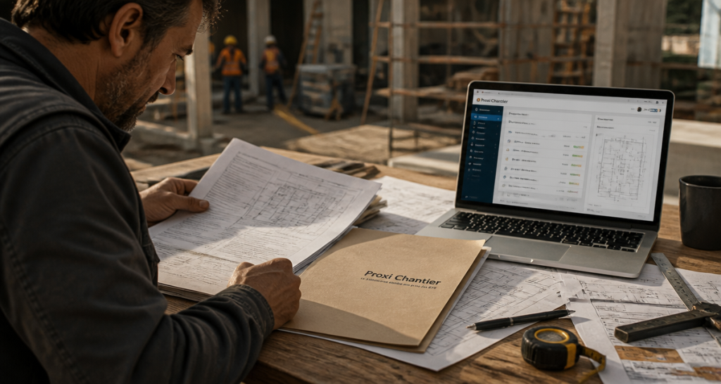 proxi chantier artisan sur chantier avec plans et ordinateur