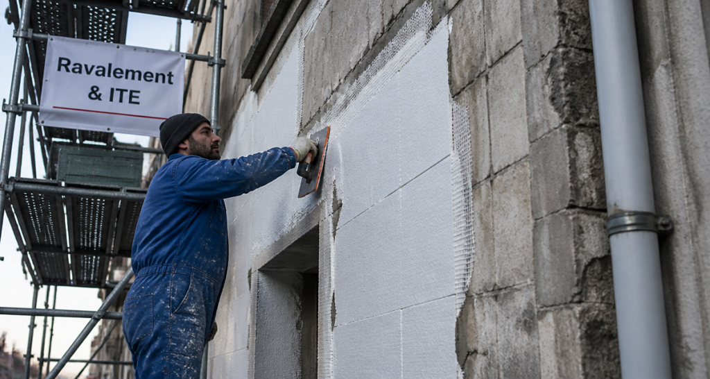 Ravalement ITE sur façade immeuble en chantier