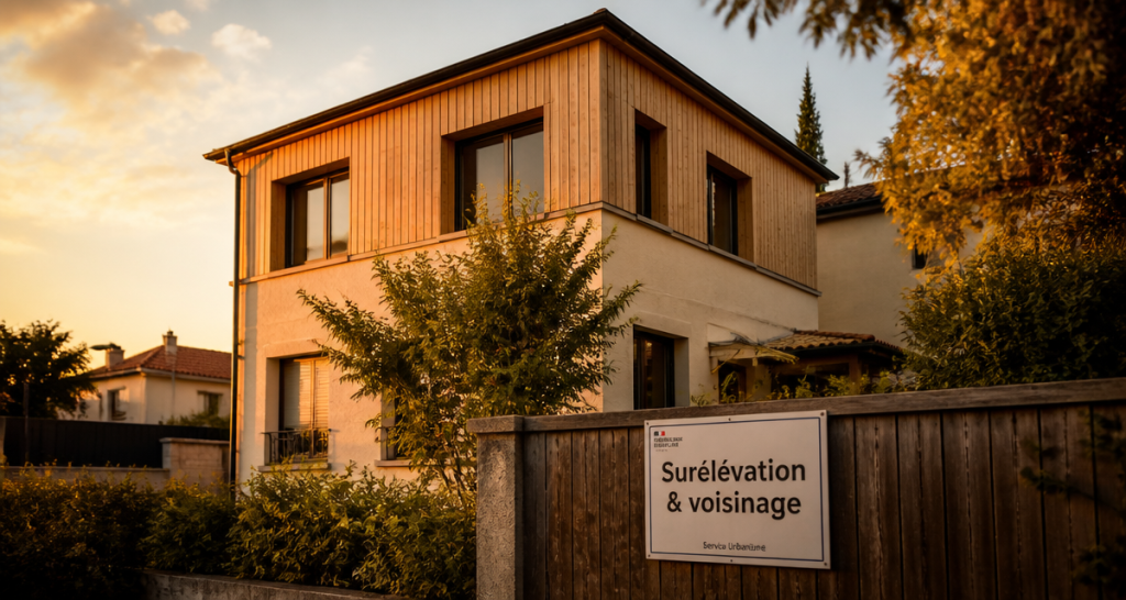 Surélévation maison et voisinage, étage bois ajouté en ville