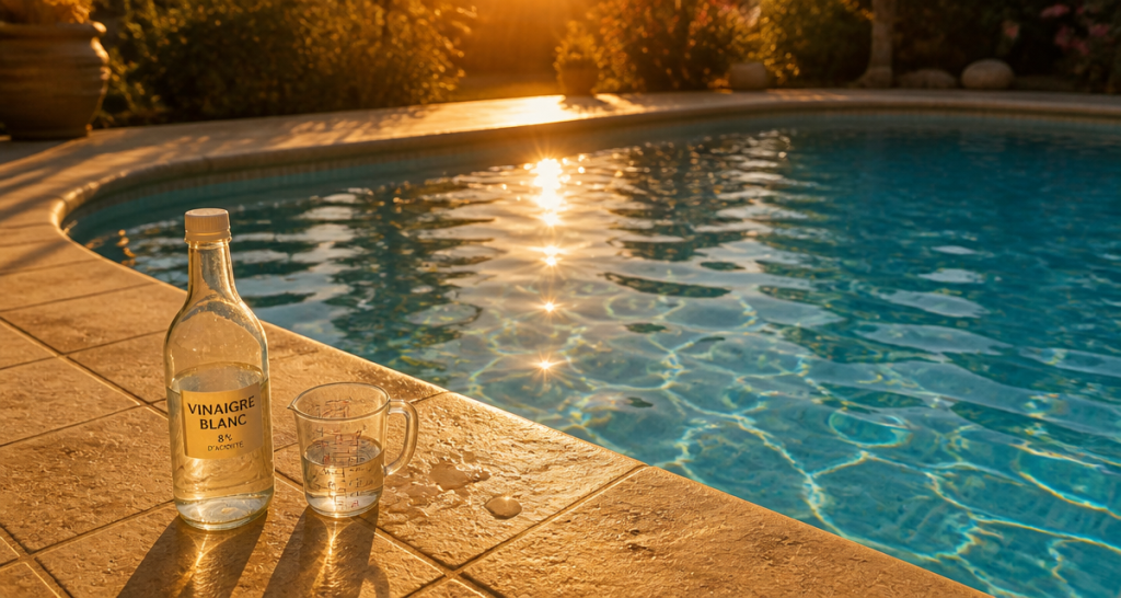 vinaigre blanc piscine bouteille rebord eau turquoise