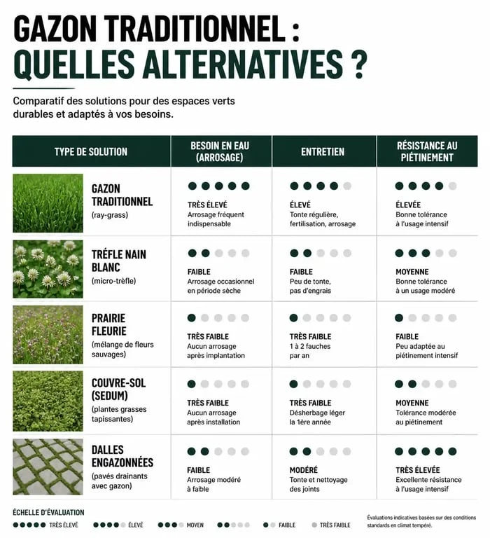 Tableau comparatif des alternatives au gazon pour remplacer sa pelouse