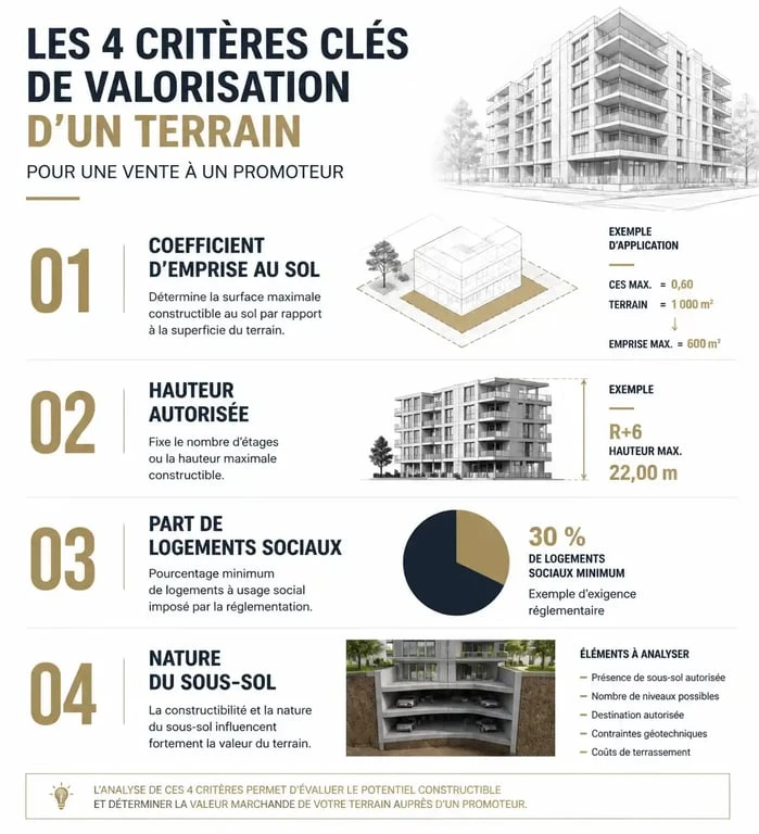 Infographie des critères de valorisation d'un terrain pour vendre à un promoteur immobilier
