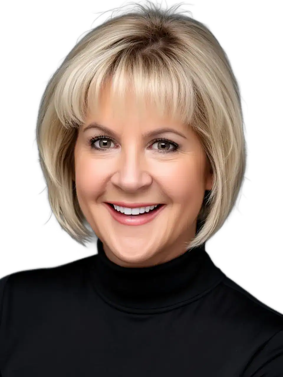Smiling woman with blonde hair wearing a black turtleneck for Connectionology branding.
