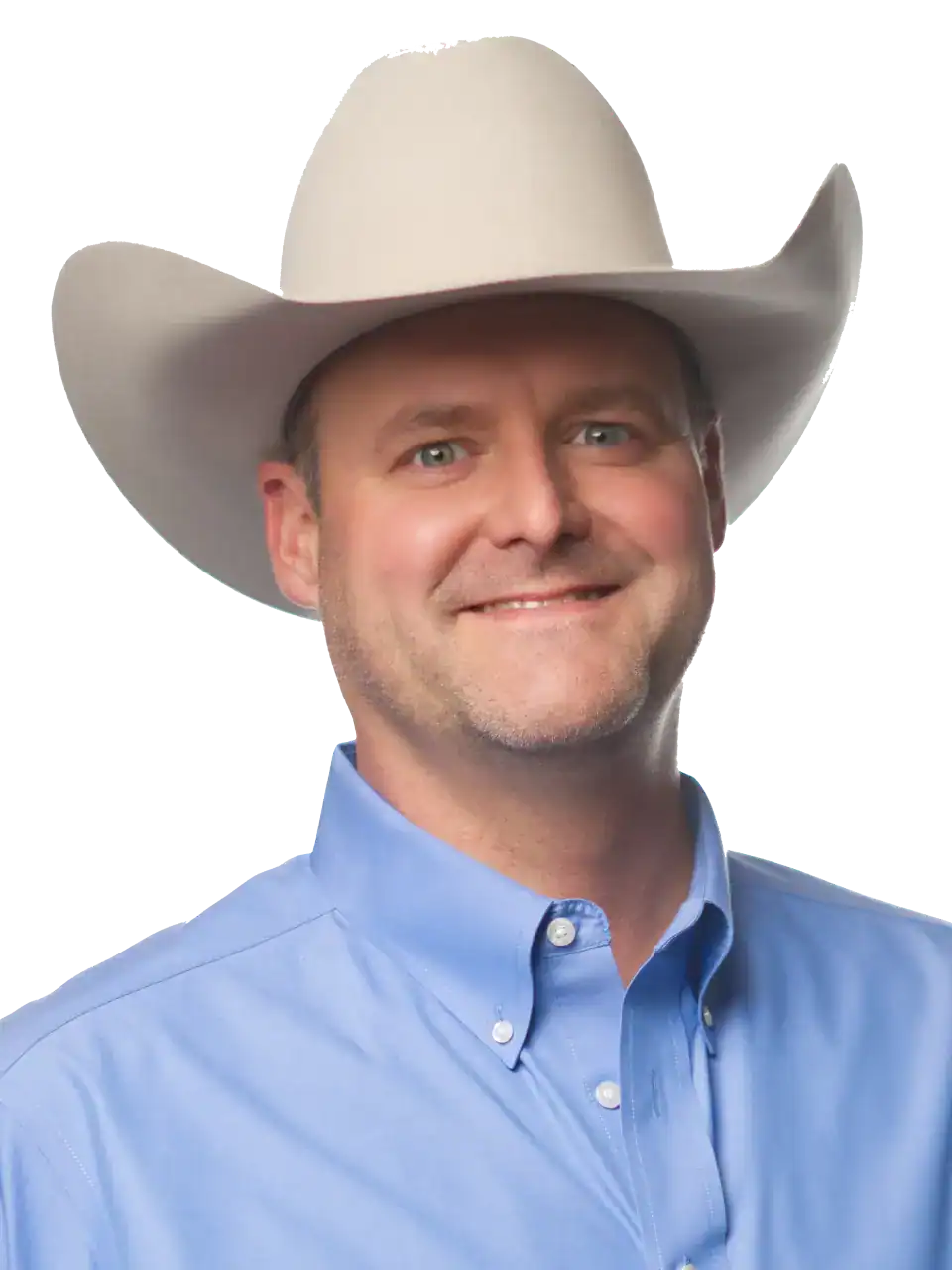 Man in cowboy hat smiling, wearing blue shirt, Connectionology branding.