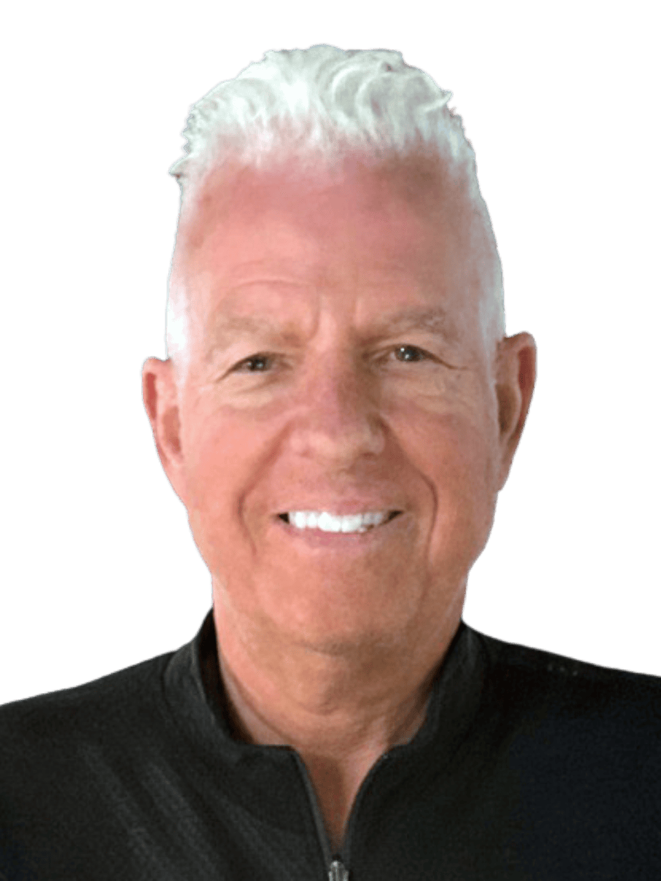 Smiling mature man with white hair in black jacket, professional portrait.