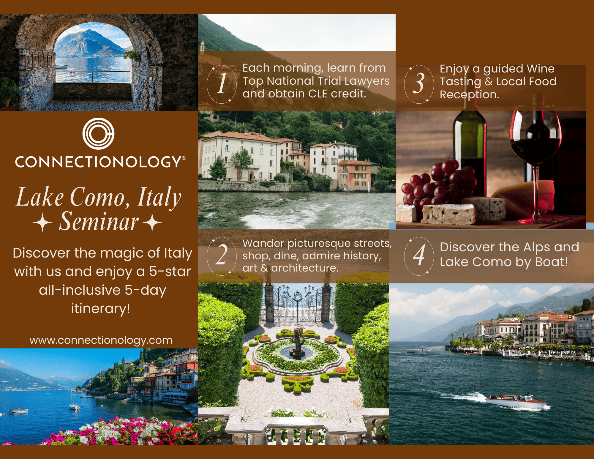 Lake Como Italy seminar with sightseeing, wine tasting, and boat tours.