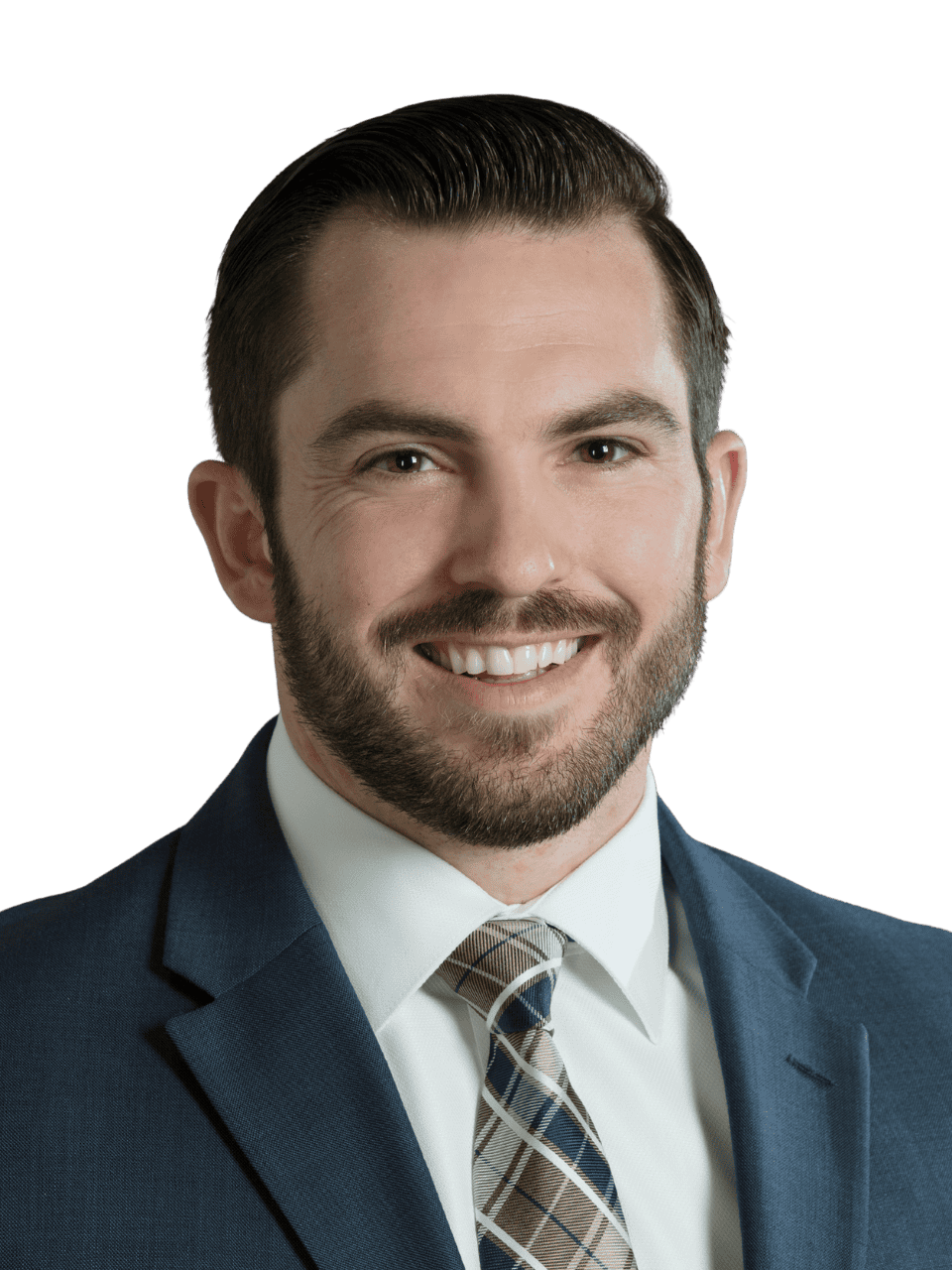 Professional man in suit smiling for business portrait.