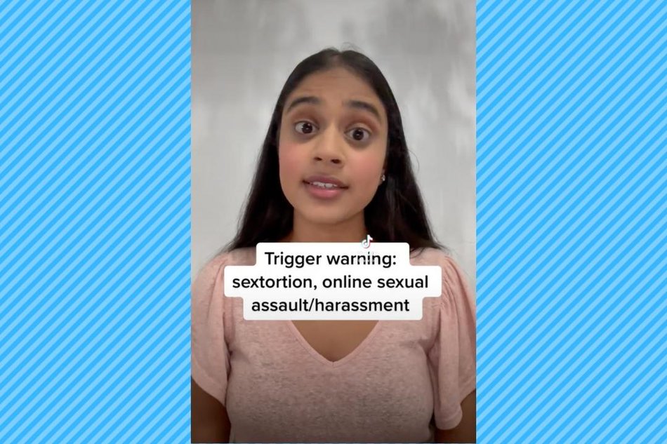 Image of Trisha Prabhu with text that says, "Trigger warning: sextortion, online sexual assault/harassment"