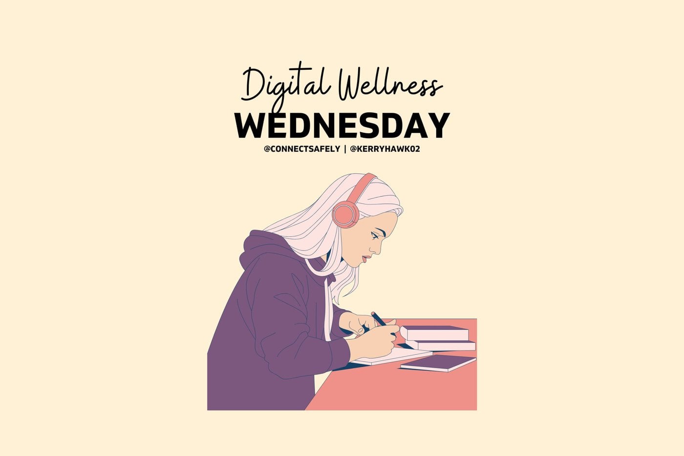 illustration of Digital Wellness with a woman wearing headphones writing in a notebook at a desk