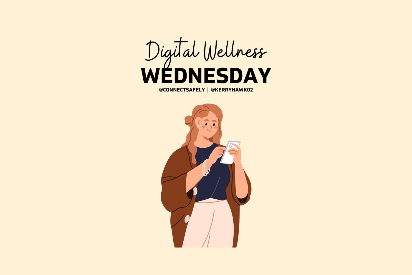 illustration of Digital Wellness with a woman looking at her cell phone smiling