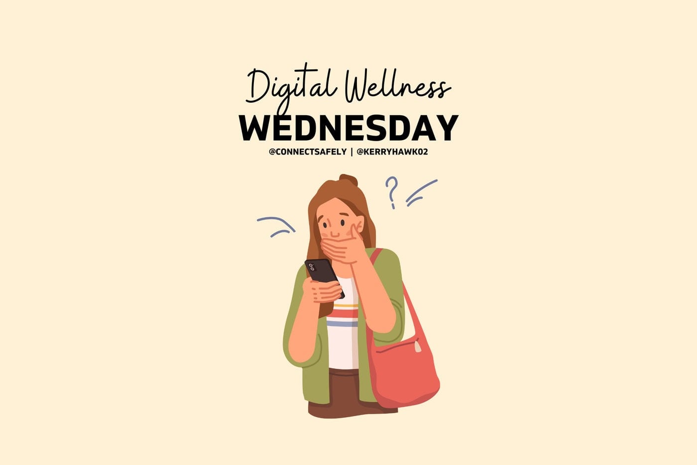 illustration of Digital Wellness with a woman holding a phone with her hand over her mouth