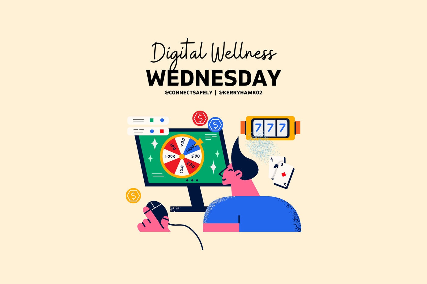 illustration of Digital Wellness with a cartoon teen boy playing a gambling game on the computer