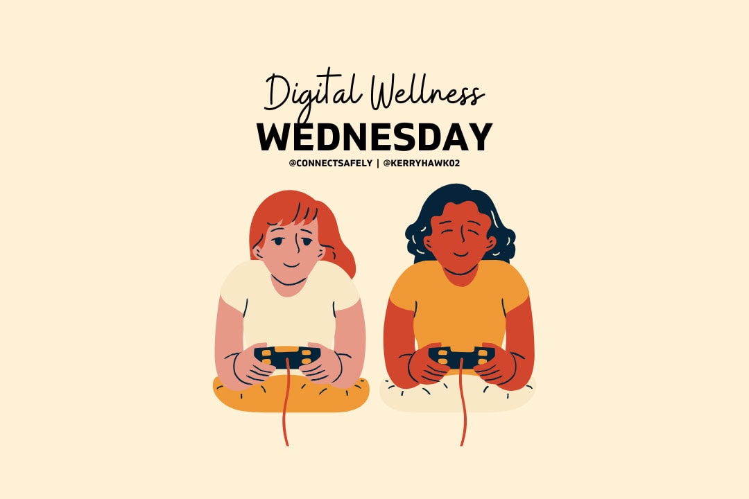 illustration of Digital Wellness with two teen girls playing a video game