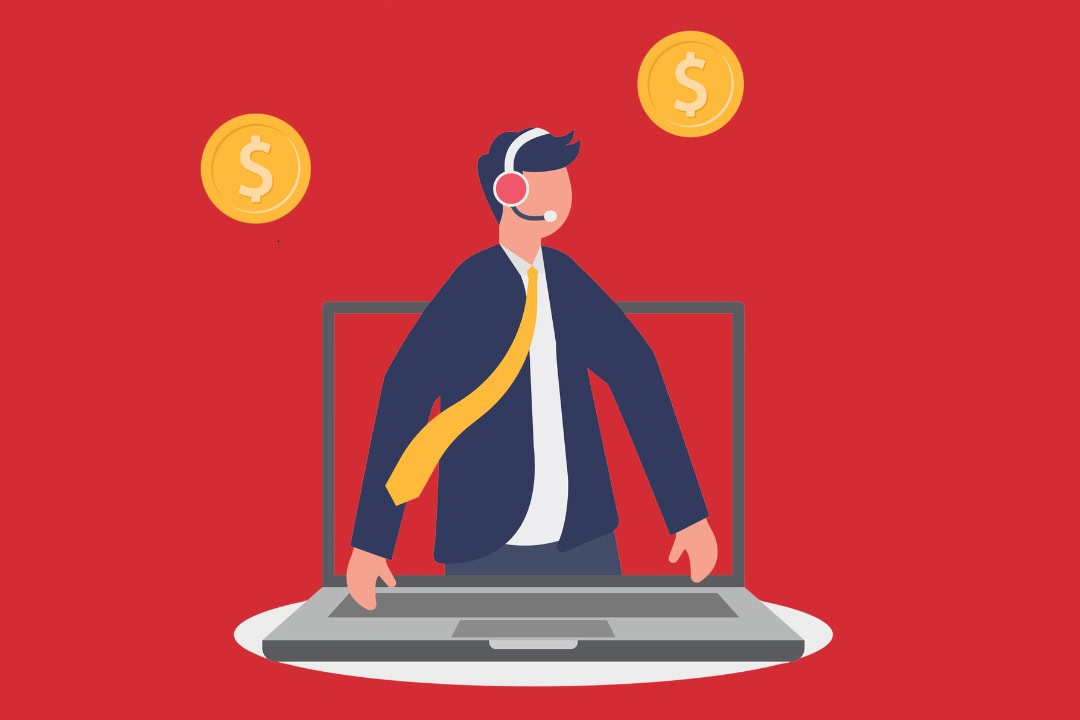Illustration of man in suit wearing headset and coming out of laptop screen