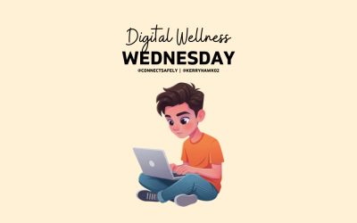 Illustration of teen boy looking at laptop on his lap. Digital Wellness Wednesday, @kerryhawk02 and @connectsafely also appear.