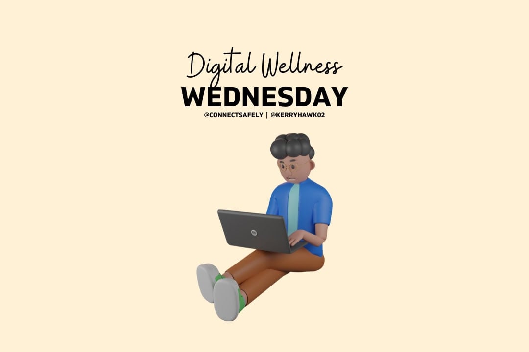 Illustration of a man sitting on the floor with a laptop and the words "Digital Wellness Wednesday"