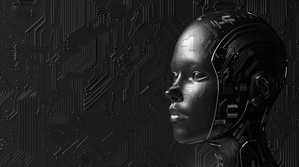 Een zwarte, futuristische robotkop met gedetailleerde circuitpatronen staat tegen een achtergrond van een printplaat met vergelijkbare elektronische lijnen.