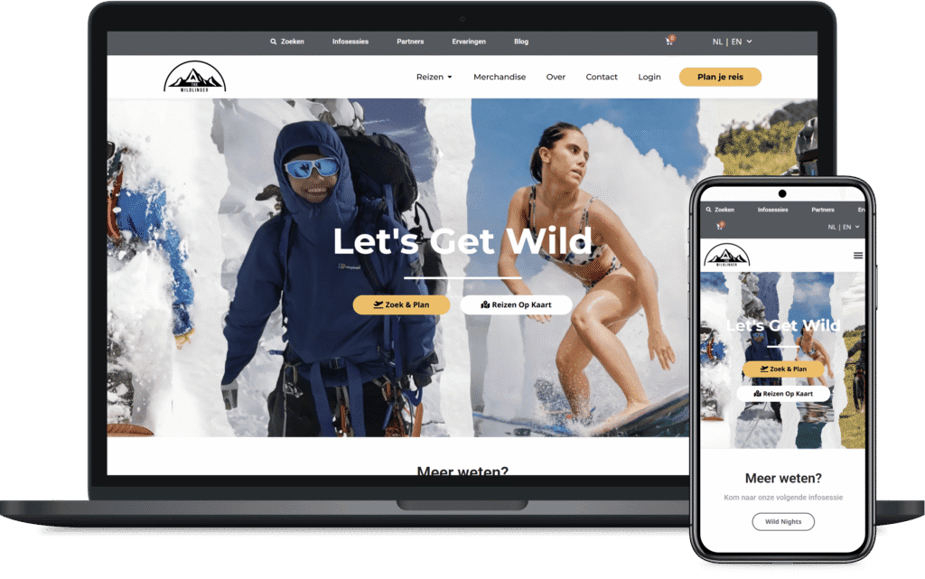Een website voor avontuurlijke reizen, getoond op laptop en smartphone, met beelden van een bergbeklimmer en een surfer, en knoppen om reizen te zoeken, plannen en op kaart te bekijken.