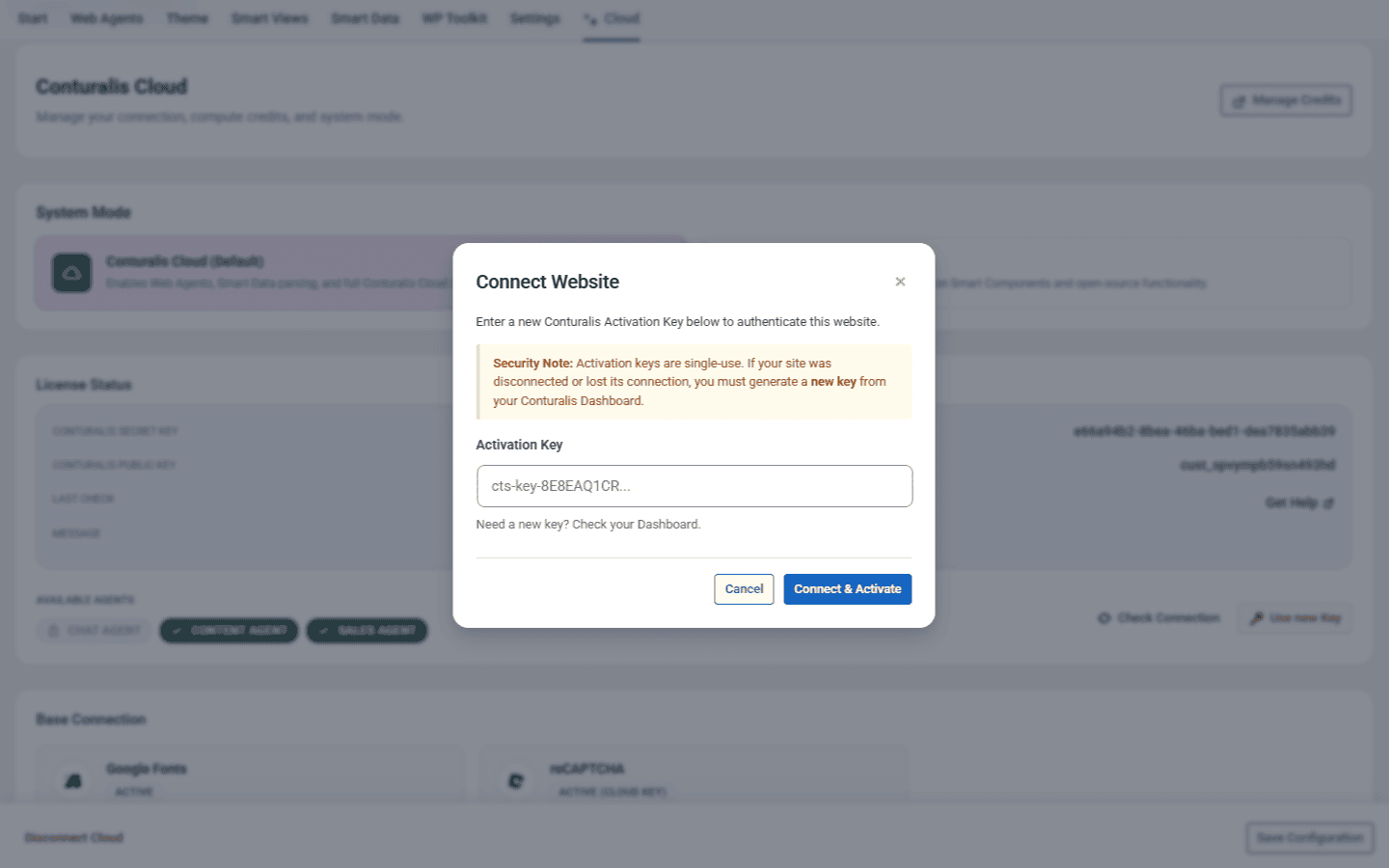WordPress Admin - Connect Website Activation Modal