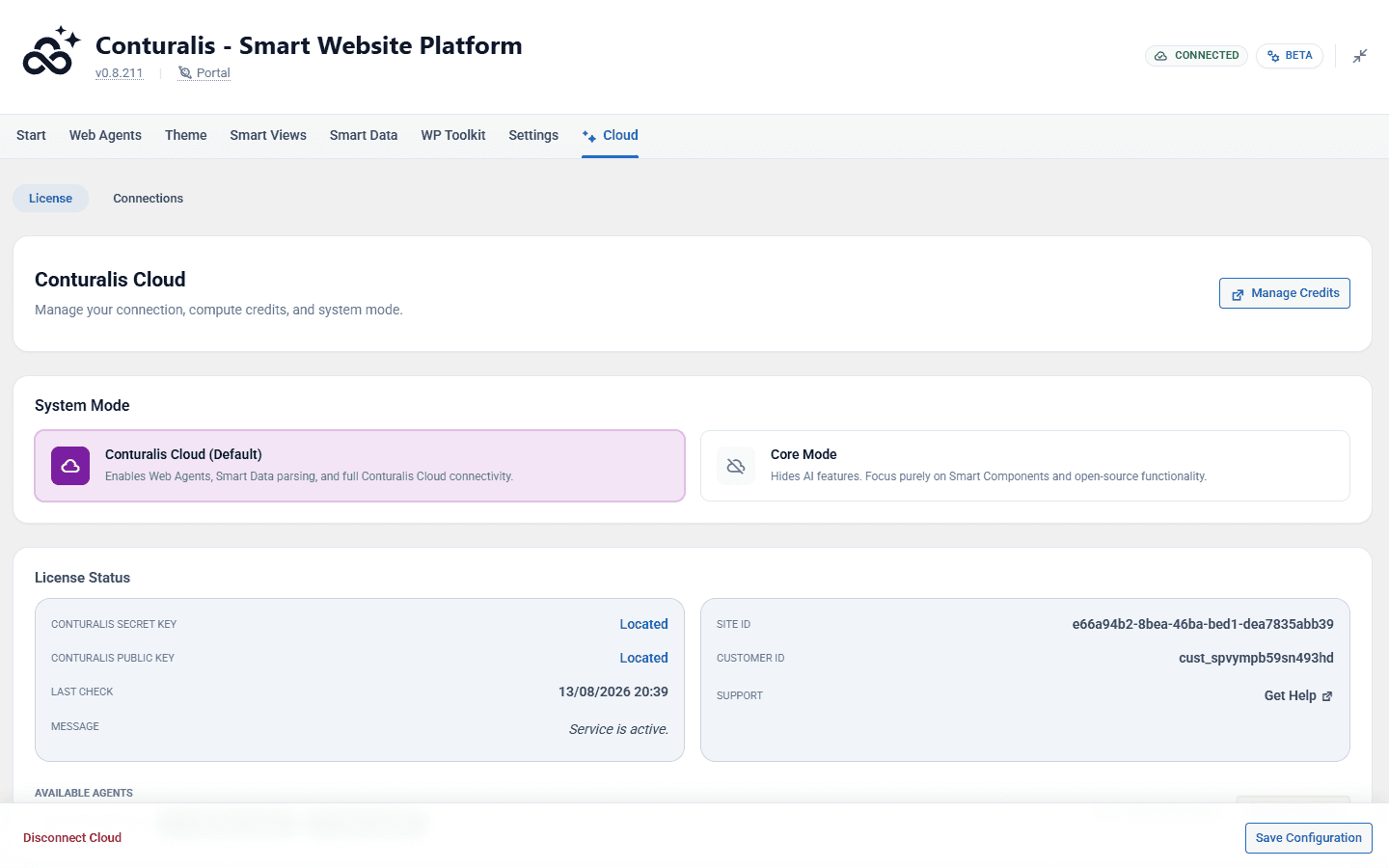 WordPress Admin - Cloud License Connected Status