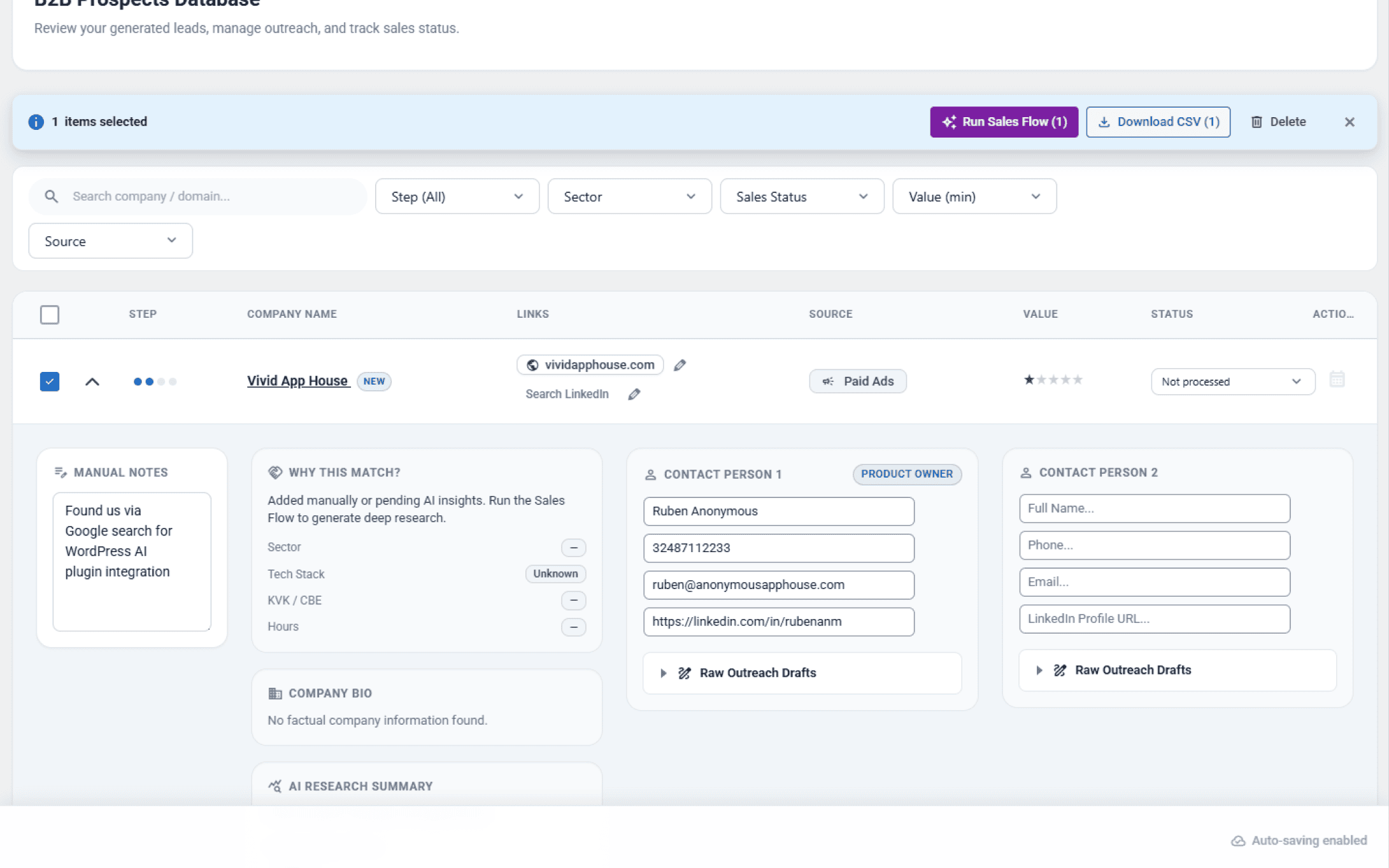 B2B Prospects Database - Selecting Uploaded Prospects to Run Sales Flow