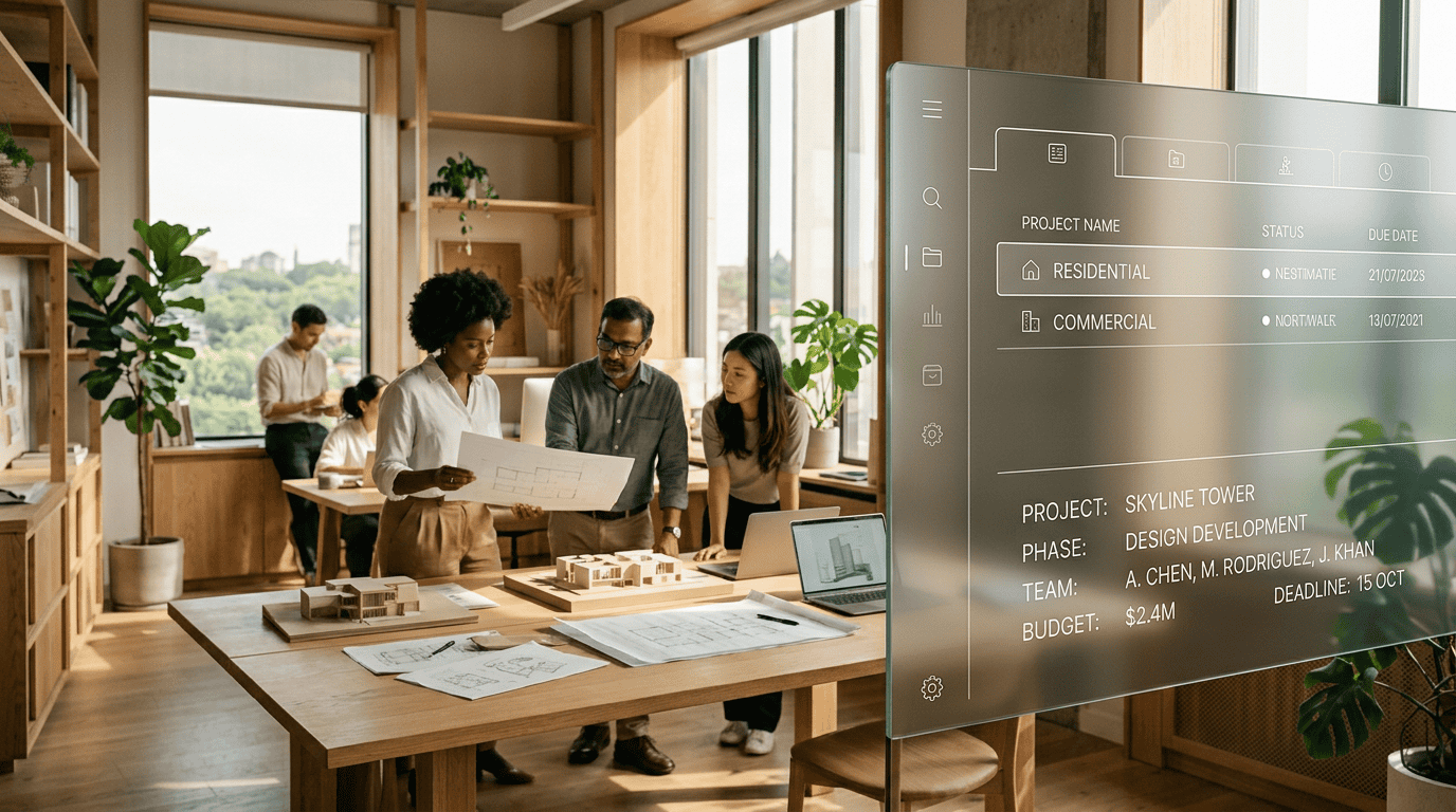 Modern sunlit architectural office with a digital UI overlay representing digital employee onboarding.