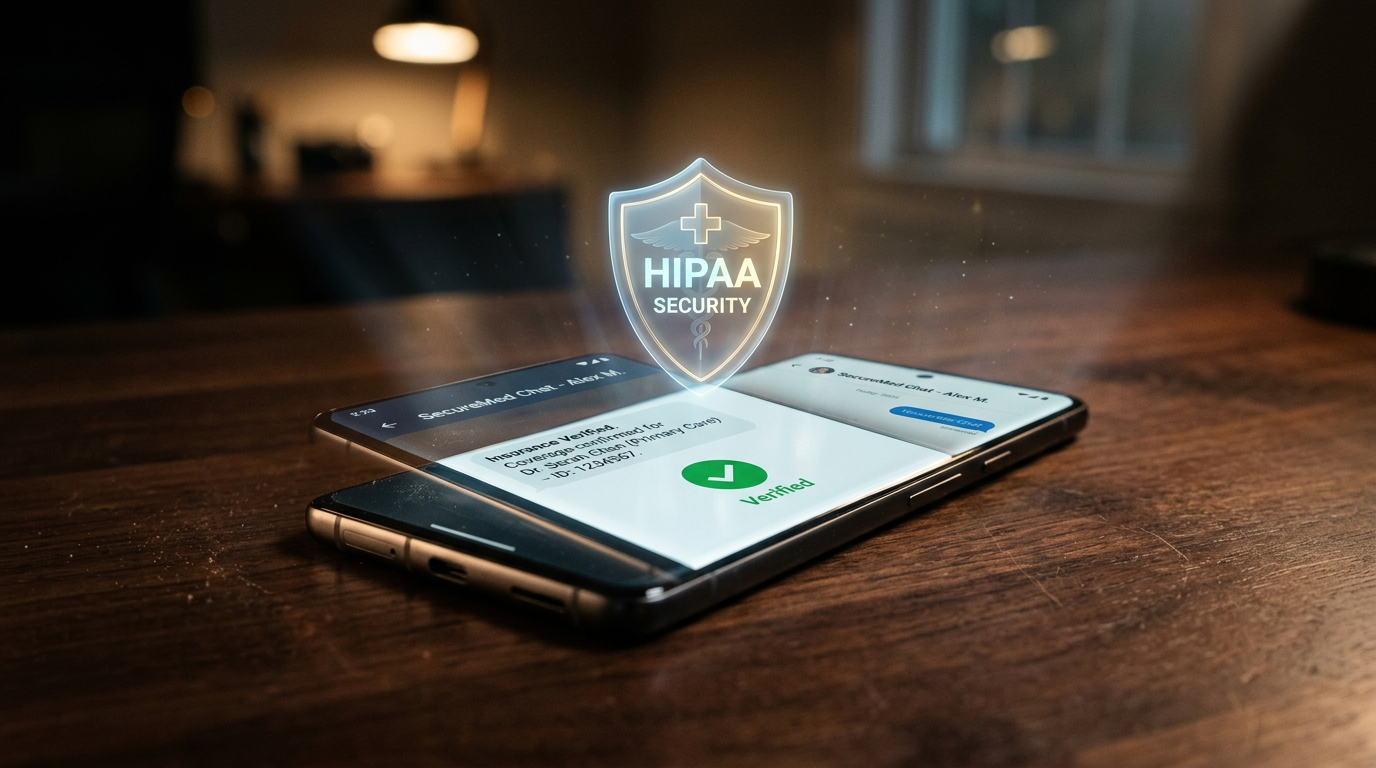 A secure healthcare chat application on a smartphone confirming insurance verification with a green checkmark, symbolizing HIPAA compliance.