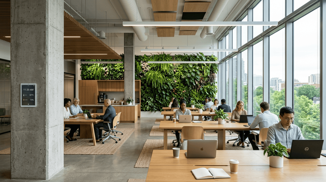 Premium architectural photography of a modern, eco-friendly hybrid office with biophilic design elements